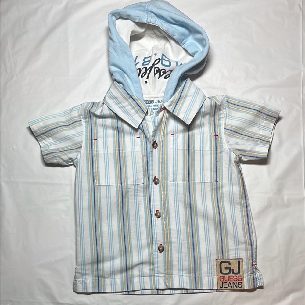 Guess Blue and White Button Down Shirt with Hood